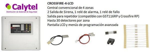 CROSSFIRE-4-LCD  Central convencional de 4 zonas 2 Salida de Sirena, 1 relé de alarma, 1 relé fallo